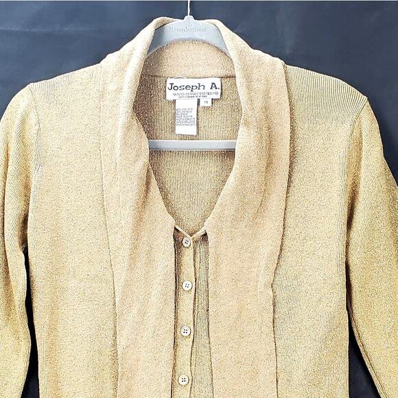 VIntage Joseph A Womens Silk Sweater Gold Metallic Shimmer Tie Sash Quiet Luxury - Picture 5 of 6